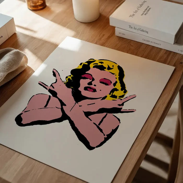 Marilyn Monroe Rock N Roll Stencil Art Graffiti White Print unframed on a home office desk