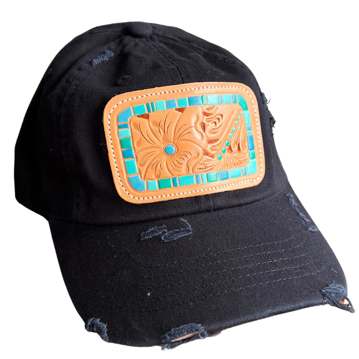 McIntire Saddlery Distressed Cap with Turquoise Chunk Leather Patch