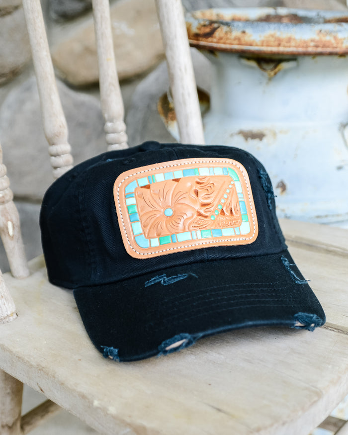 McIntire Saddlery Distressed Cap with Turquoise Chunk Leather Patch