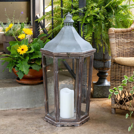 Medium Wood & Galvanized Metal Lantern