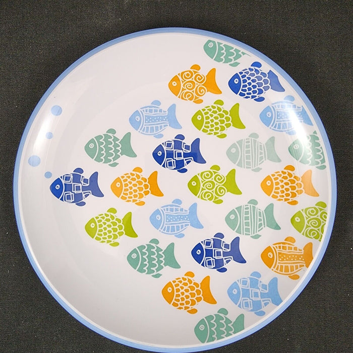 Melamine Plate Fish Pattern Blue Green Orange Set of 4 Coastal Dinner Dish 9"