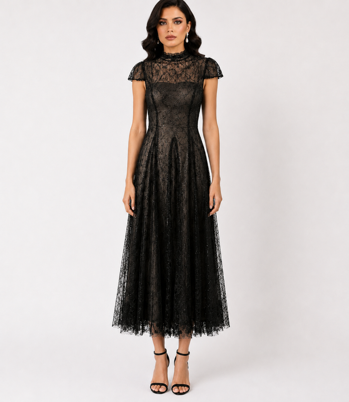 Midnight Lace A-Line Evening Dress — Noir