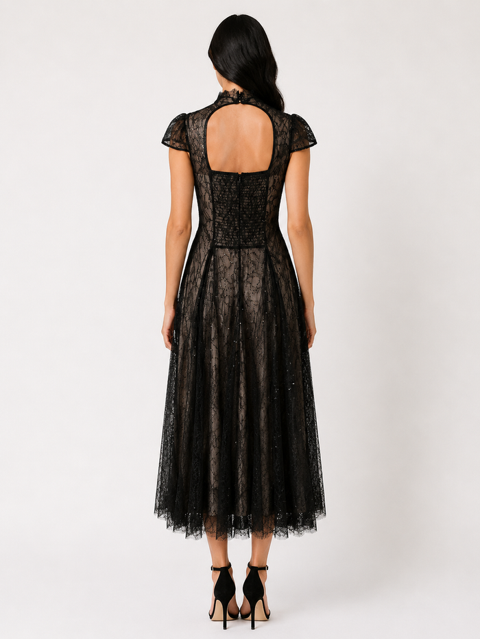 Midnight Lace A-Line Evening Dress — Noir