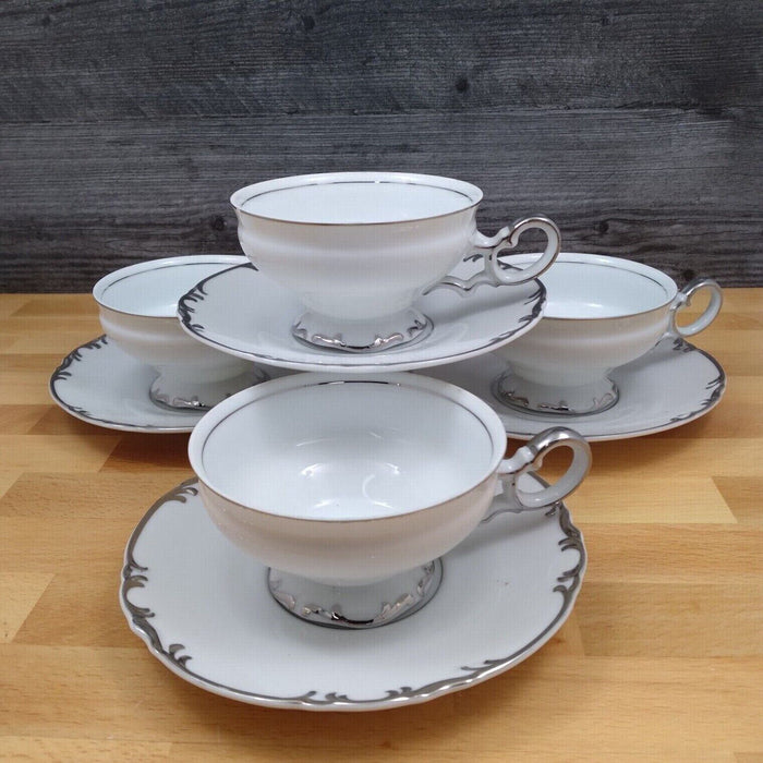 Mikasa Marlboro Platinum Footed Tea Cup & Saucer Set of 4 Fine China Japan 9267