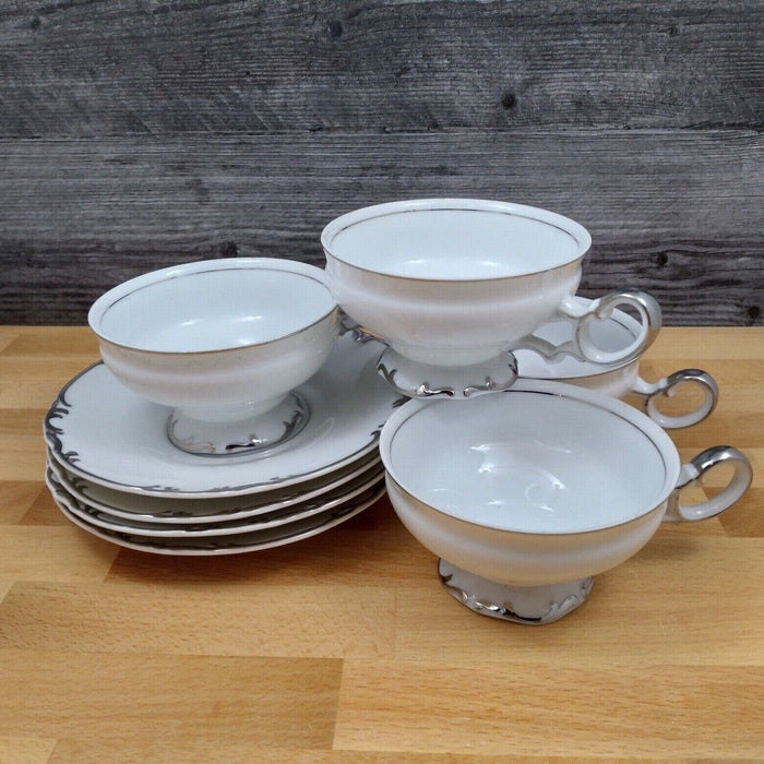Mikasa Marlboro Platinum Footed Tea Cup & Saucer Set of 4 Fine China Japan 9267