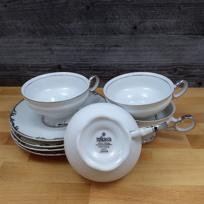 Mikasa Marlboro Platinum Footed Tea Cup & Saucer Set of 4 Fine China Japan 9267