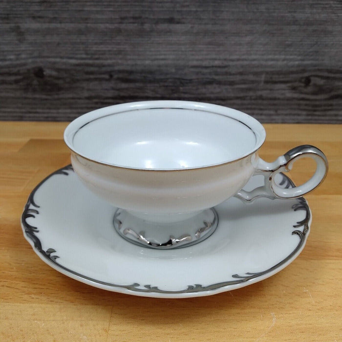 Mikasa Marlboro Platinum Footed Tea Cup & Saucer Set of 4 Fine China Japan 9267