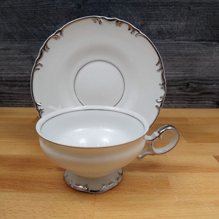 Mikasa Marlboro Platinum Footed Tea Cup & Saucer Set of 4 Fine China Japan 9267