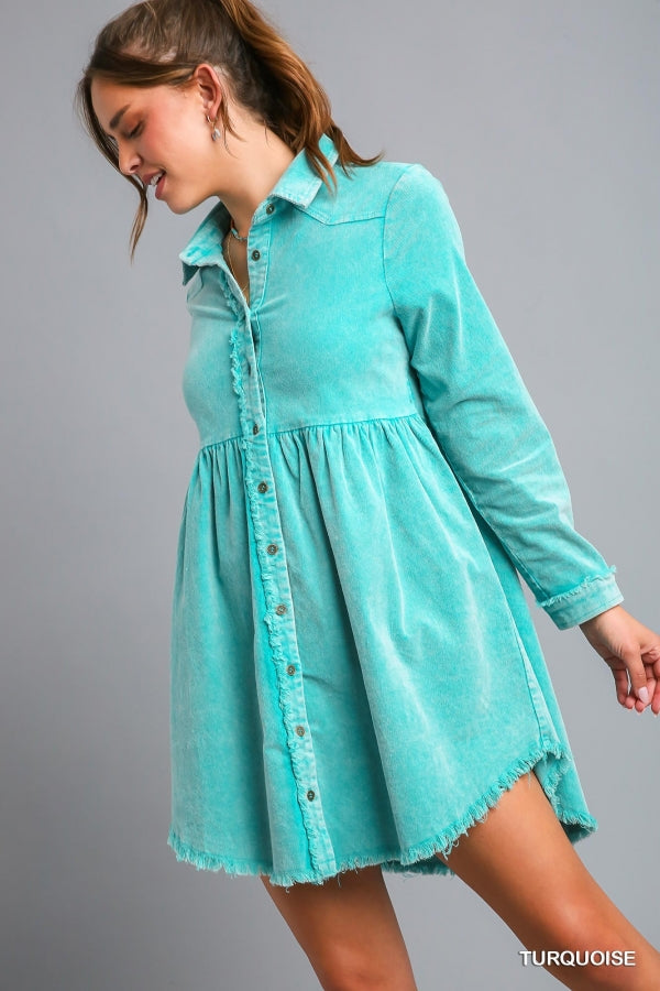 Mineral Wash Collared Tiered Button Down Dress -2 COLORS