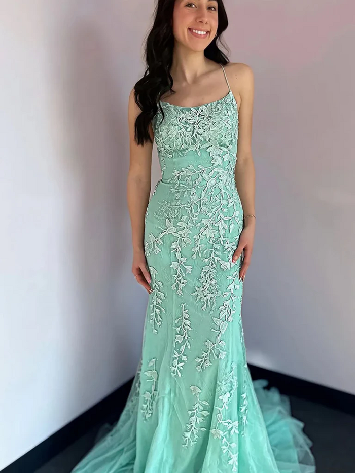 Mint Green Mermaid Backless Lace Long Prom Dresses, Mint Green Lace Formal Evening Graduation Dresses