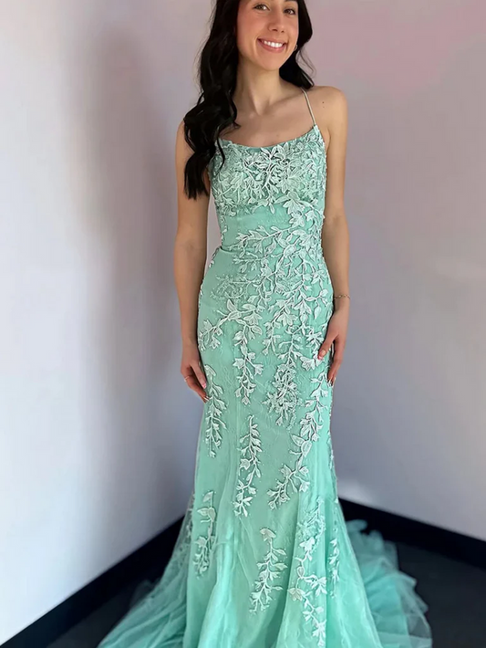 Mint Green Mermaid Backless Lace Long Prom Dresses, Mint Green Lace Formal Evening Graduation Dresses