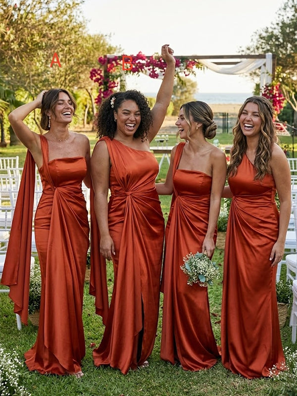 Mismatched Burnt Orange One Shoulder Pleated Mermaid Bridesmaid Dress, PD2823088