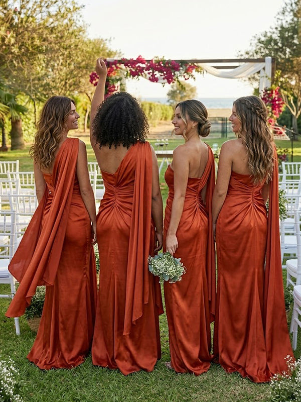 Mismatched Burnt Orange One Shoulder Pleated Mermaid Bridesmaid Dress, PD2823088