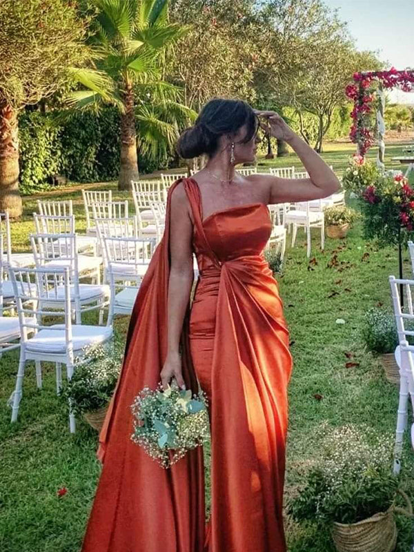 Mismatched Burnt Orange One Shoulder Pleated Mermaid Bridesmaid Dress, PD2823088