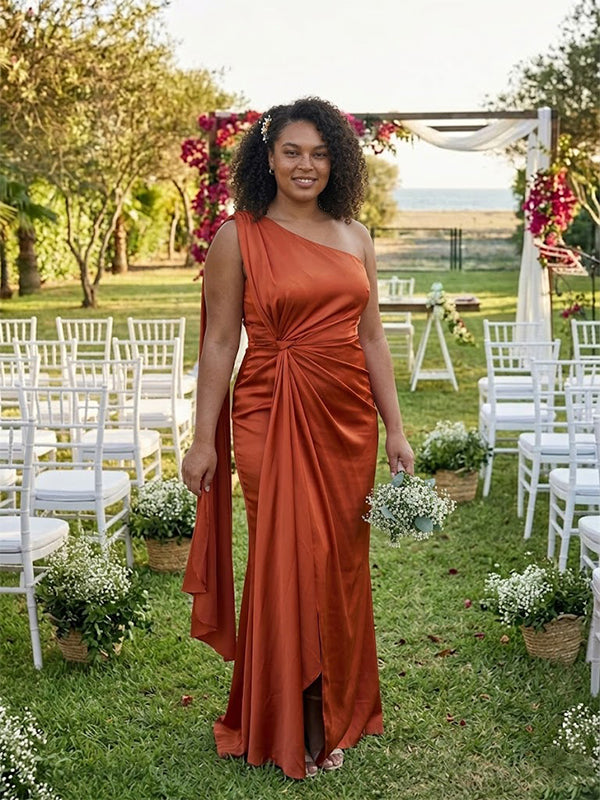Mismatched Burnt Orange One Shoulder Pleated Mermaid Bridesmaid Dress, PD2823088