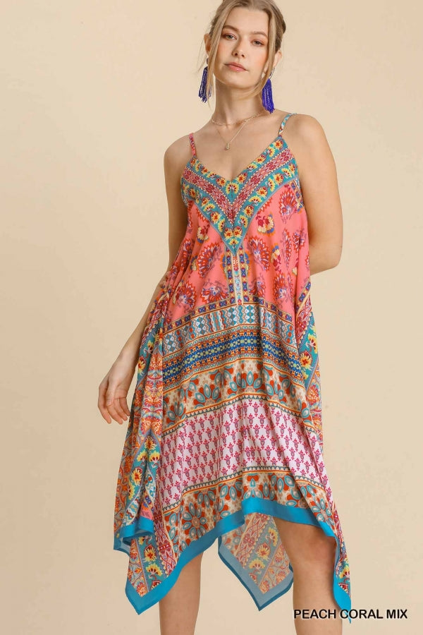 Mixed Scarf Print Spaghetti Strap Midi Dress with Sharkbite Hem -2 colors