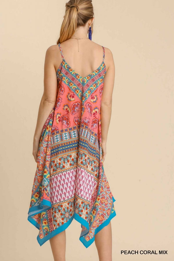 Mixed Scarf Print Spaghetti Strap Midi Dress with Sharkbite Hem -2 colors
