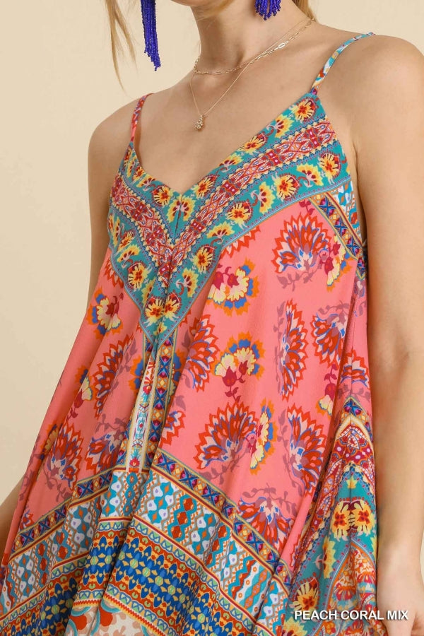 Mixed Scarf Print Spaghetti Strap Midi Dress with Sharkbite Hem -2 colors