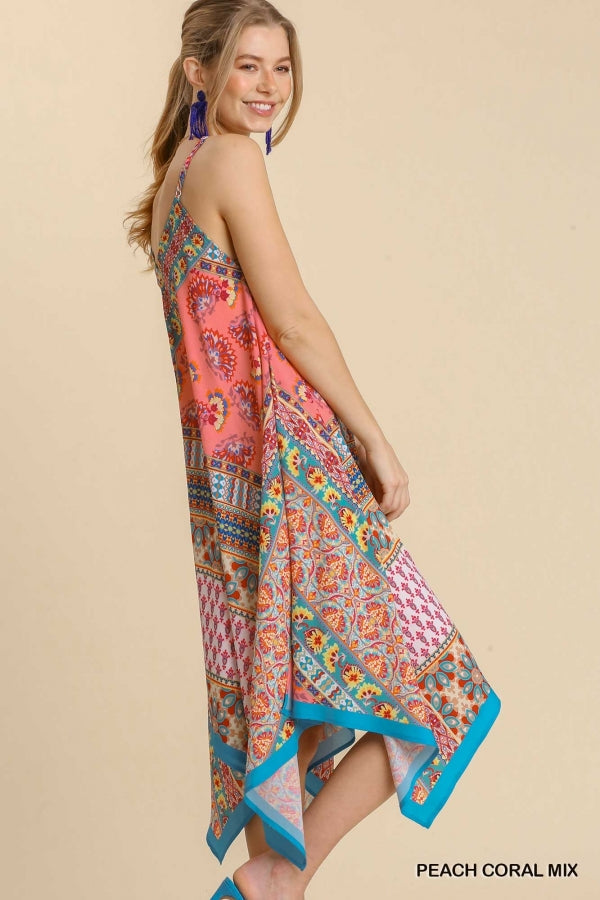 Mixed Scarf Print Spaghetti Strap Midi Dress with Sharkbite Hem -2 colors