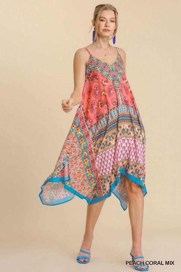 Mixed Scarf Print Spaghetti Strap Midi Dress with Sharkbite Hem -2 colors