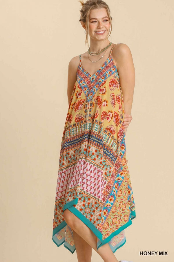 Mixed Scarf Print Spaghetti Strap Midi Dress with Sharkbite Hem -2 colors