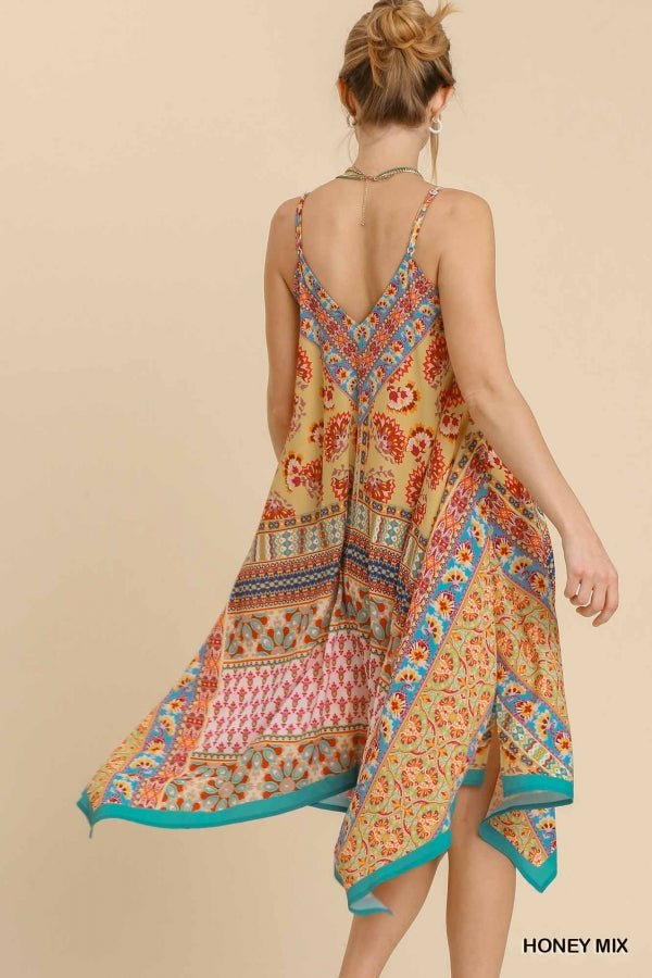 Mixed Scarf Print Spaghetti Strap Midi Dress with Sharkbite Hem -2 colors