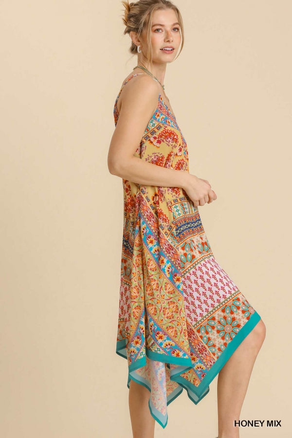 Mixed Scarf Print Spaghetti Strap Midi Dress with Sharkbite Hem -2 colors