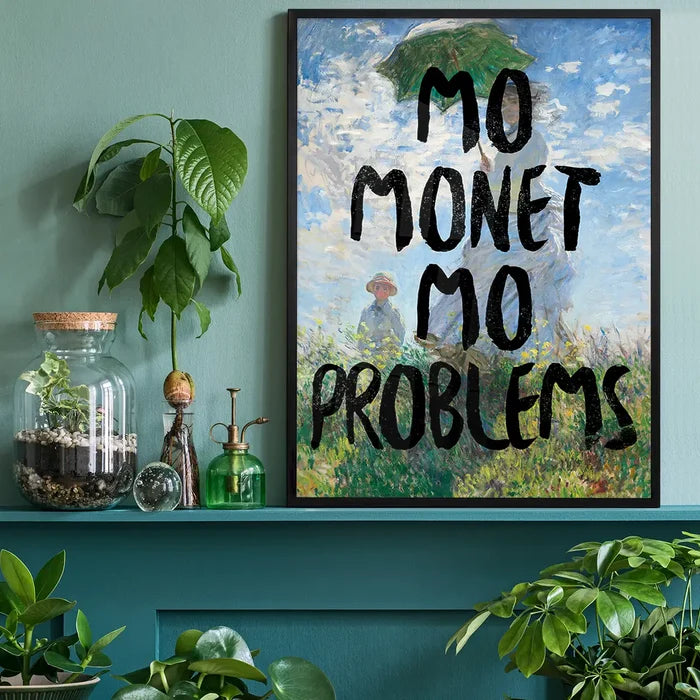 Mo Monet Mo Problems Altered Art Print, quirky altered art print black framed on a living room shelf