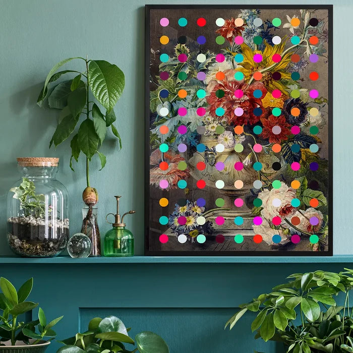 Modern Art Dots Flowers Altered Art Print, floral art print black framed on a living room shelf