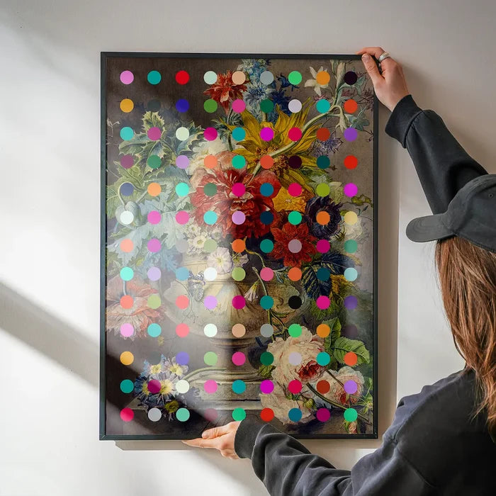 Modern Art Dots Flowers Altered Art Print being hung on a wall in a black frame