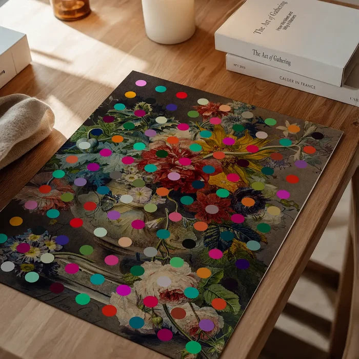 Modern Art Dots Flowers Altered Art Print, floral art print unframed on a home office desk