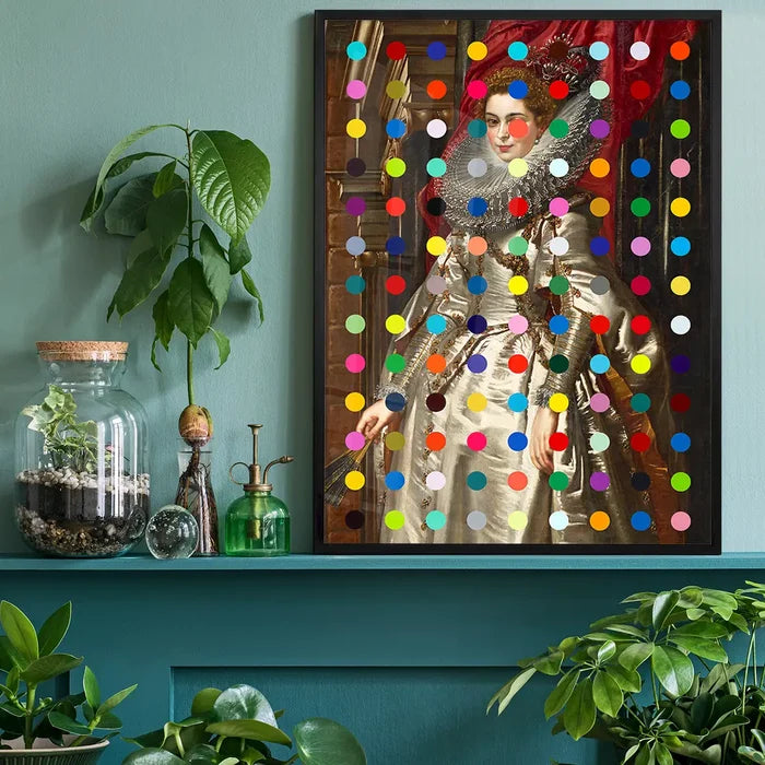 Modern Art Dots Portrait Altered Art Print 1, quirky altered art print black framed on a living room shelf