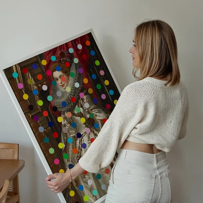 Modern Art Dots Portrait Altered Art Print 1 held up against a living room wall