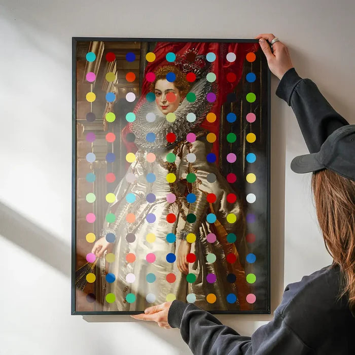 Modern Art Dots Portrait Altered Art Print 1 being hung on a wall in a black frame