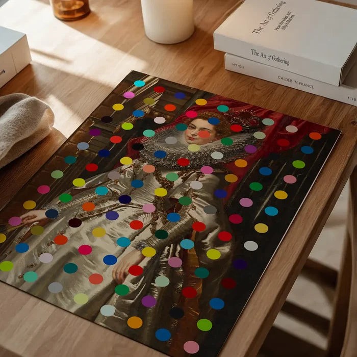 Modern Art Dots Portrait Altered Art Print 1, quirky altered art print unframed on a home office desk