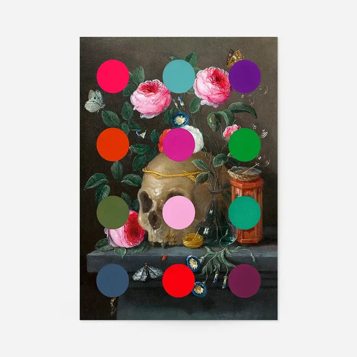 Modern Art Dots Still Life Skull and Flowers Altered Art Print, quirky altered art print, unframed in pink