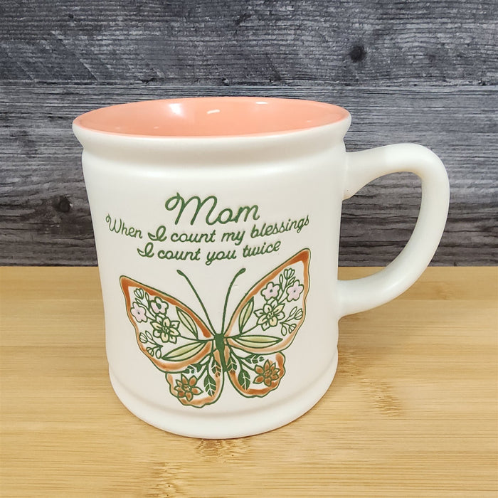 Mom Coffee Mug Ceramic Embossed White Floral Mother Butterfly Tea Cup Blue Sky