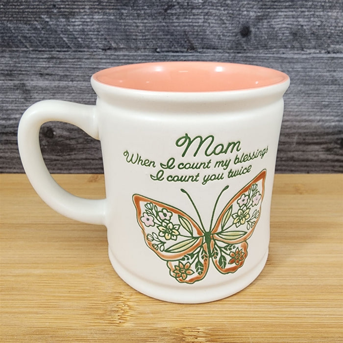 Mom Coffee Mug Ceramic Embossed White Floral Mother Butterfly Tea Cup Blue Sky
