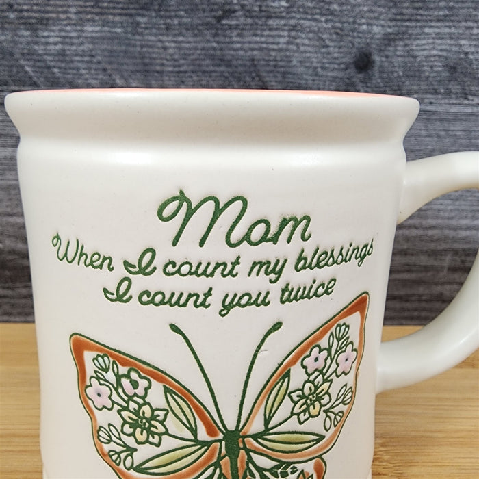 Mom Coffee Mug Ceramic Embossed White Floral Mother Butterfly Tea Cup Blue Sky