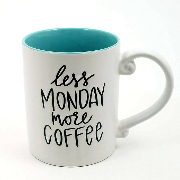 Monday Morning Coffee Mug White Blue Sky Embossed Ceramic Tea Cup 16oz (473ml)