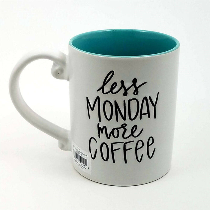 Monday Morning Coffee Mug White Blue Sky Embossed Ceramic Tea Cup 16oz (473ml)