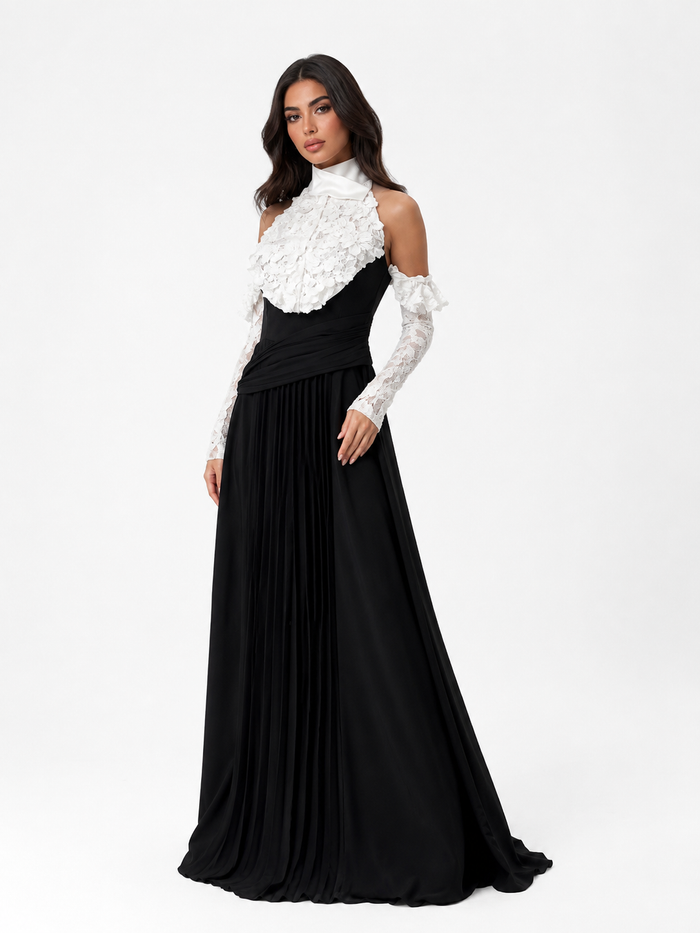 Monochrome Floral Pleated Evening Gown - Noir
