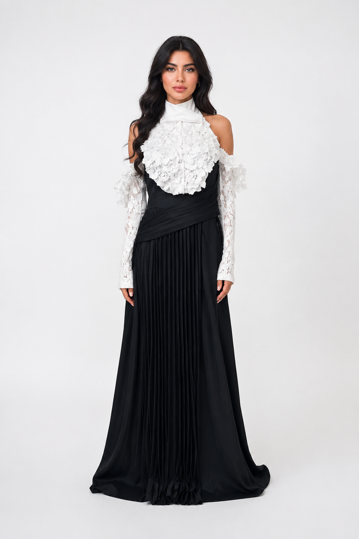 Monochrome Floral Pleated Evening Gown - Noir