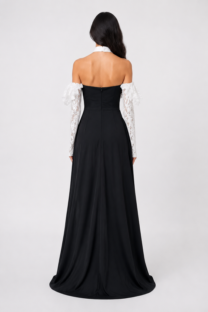 Monochrome Floral Pleated Evening Gown - Noir
