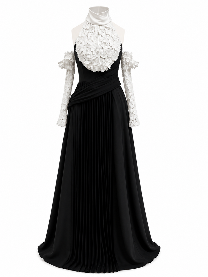 Monochrome Floral Pleated Evening Gown - Noir