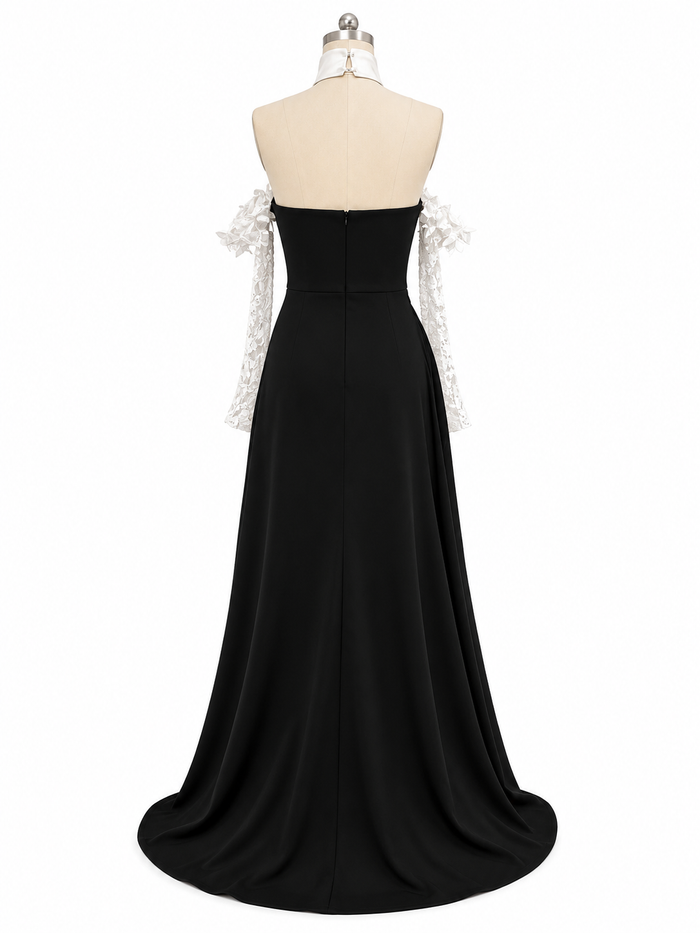 Monochrome Floral Pleated Evening Gown - Noir