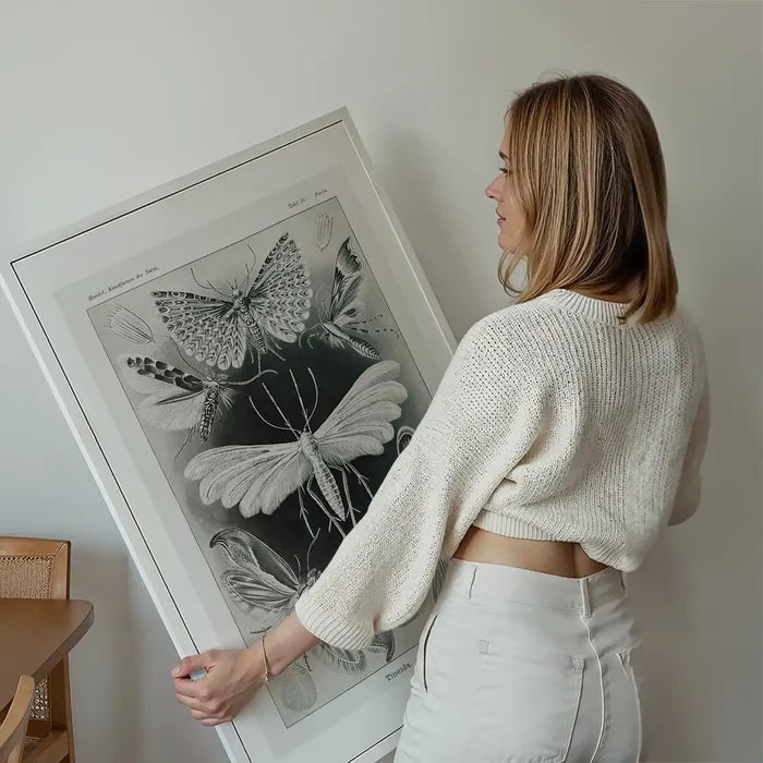 Moths Black & White Illustration Gothic Print held up against a living room wall