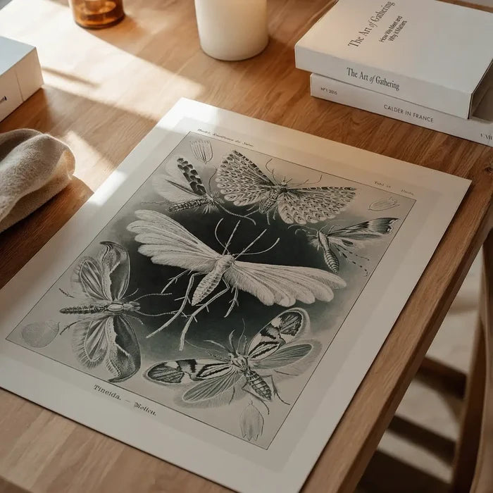 Moths Black & White Illustration Gothic Print unframed on a home office desk