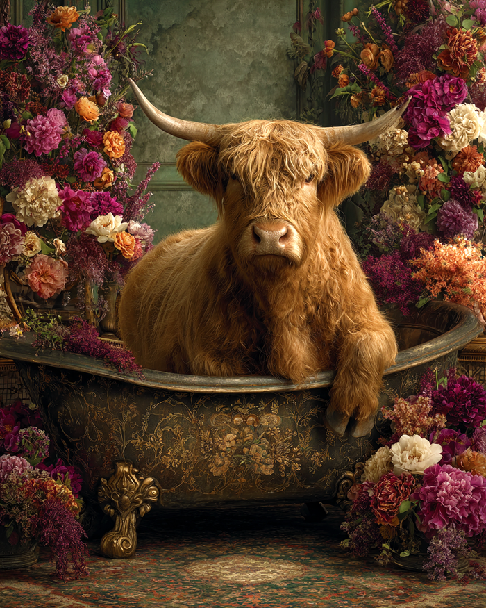 Mowbi - Highland Cow Bathtub Still-Life - Bathroom Art 8"x10" Artwork for 11"x14" Frame
