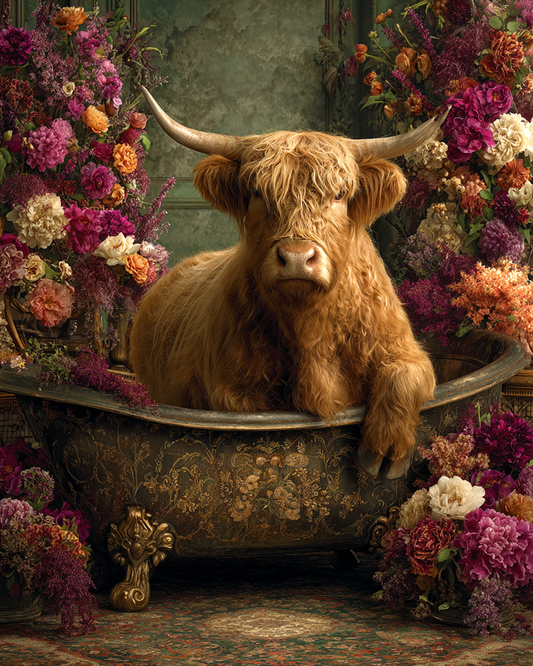 Mowbi - Highland Cow Bathtub Still-Life - Bathroom Art 8"x10" Artwork for 11"x14" Frame